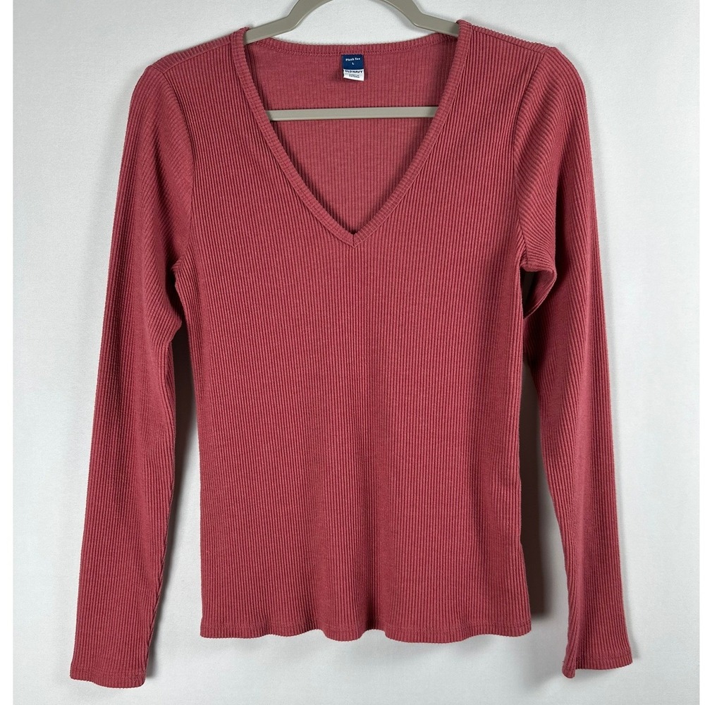 Old Navy Plush Rib V-Neck Top Women L Mauve Rose Long Sleeve Casual Comfort